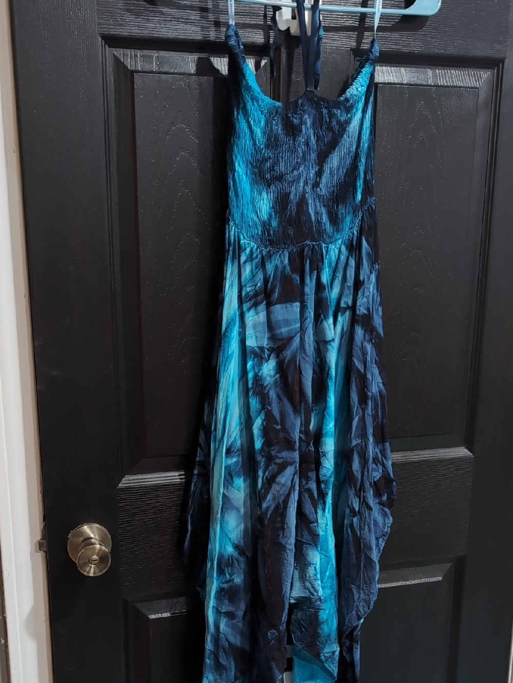 Blue Tie-Dye High-Low Maxi Dress with Adjustable Straps